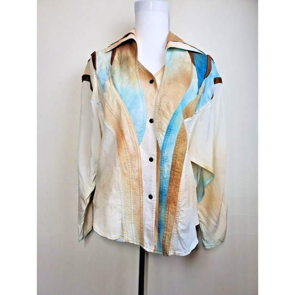 CACHE Vintage 80's Womens Top Collared Leather Accents Snap Front Rayon USA Made - Picture 12 of 12